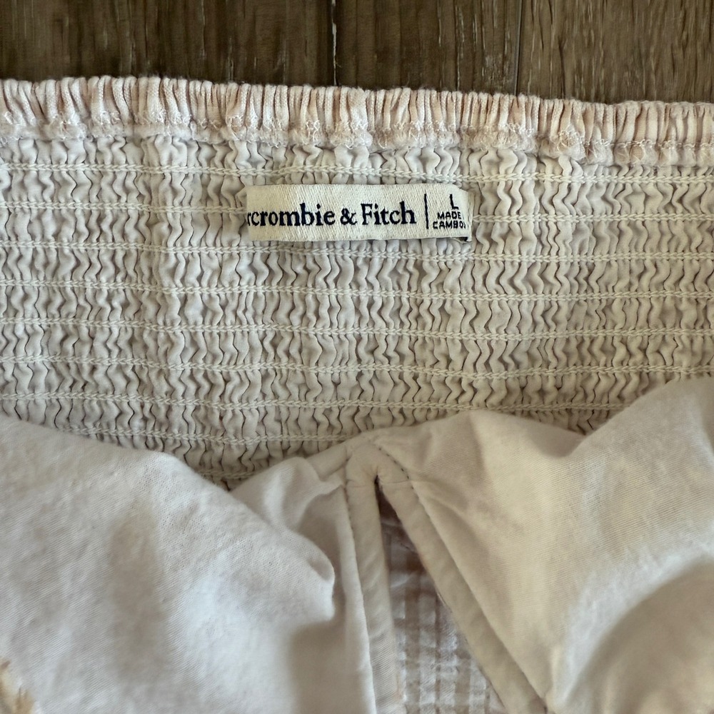 Abercrombie & Fitch Gingham Puff Sleeve Crop Top Tan White Seersucker L - Picture 3 of 7